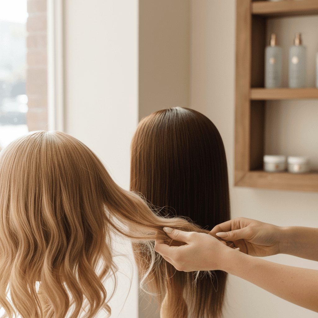 Customer hands touching and examining premium human hair wig textures on wooden display stands in soft natural light